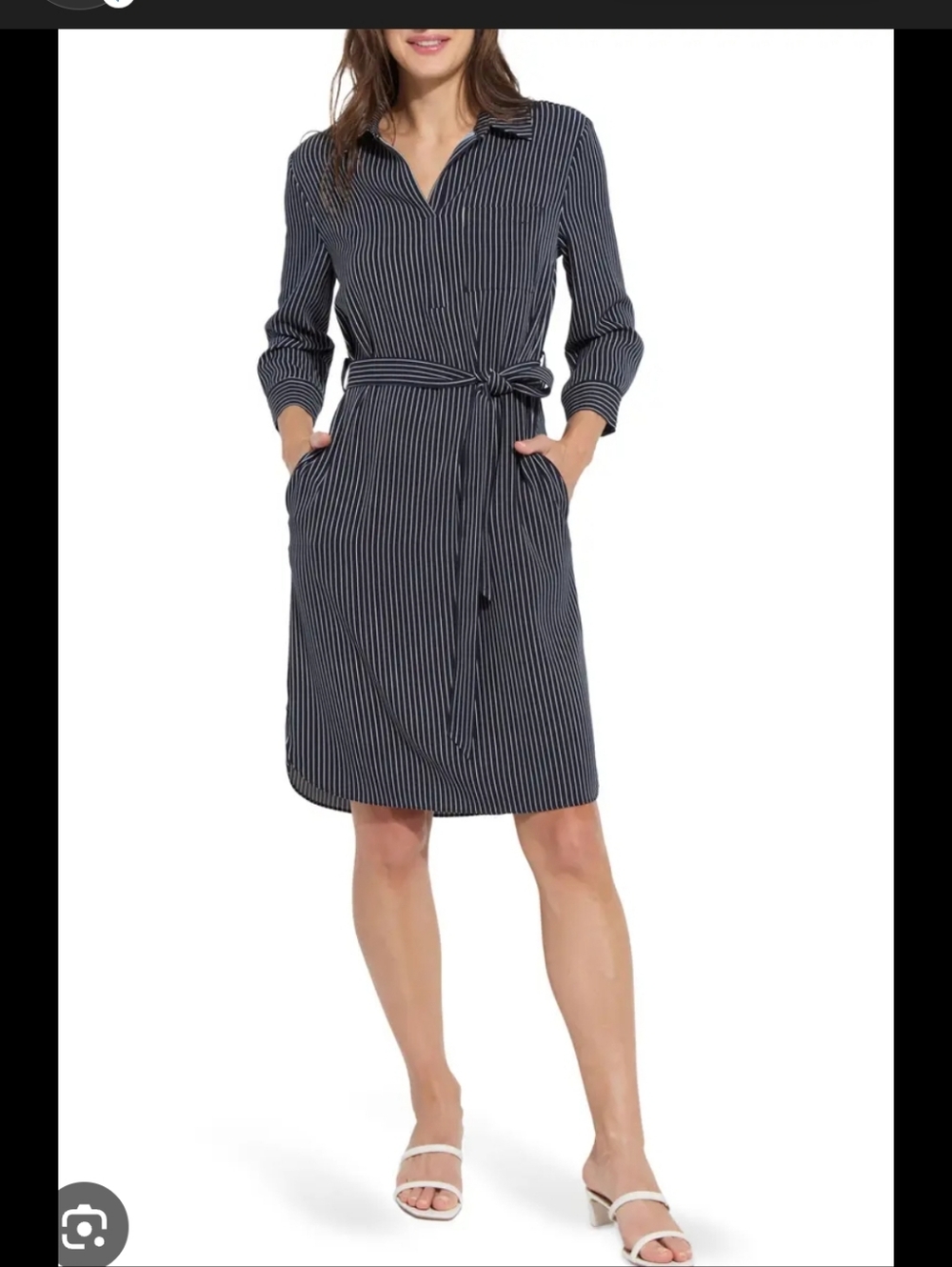 Lysse Navy and White Pinstripe Popover Shirtdress With Pockets